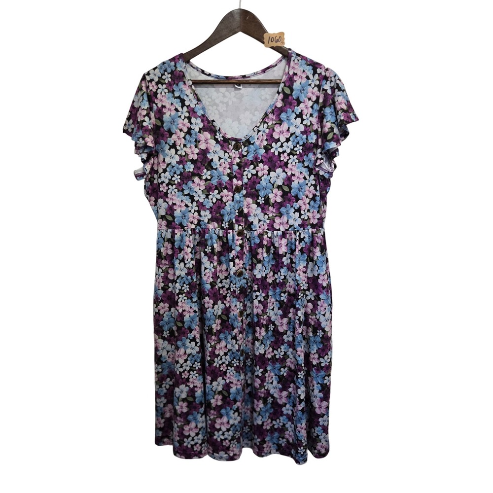 Your Style Womens XL Floral Babydoll Dress Purple Blue V-Neck Short Sleeve Knit